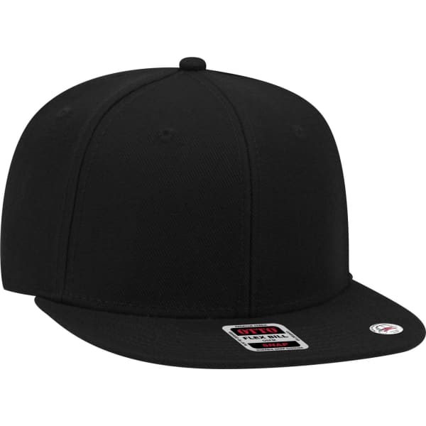 A black 6-panel mid-profile snapback cap featuring a flat brim and a logo on the front.