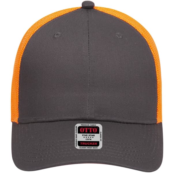 A grey trucker cap with orange mesh sides and a logo on the front.