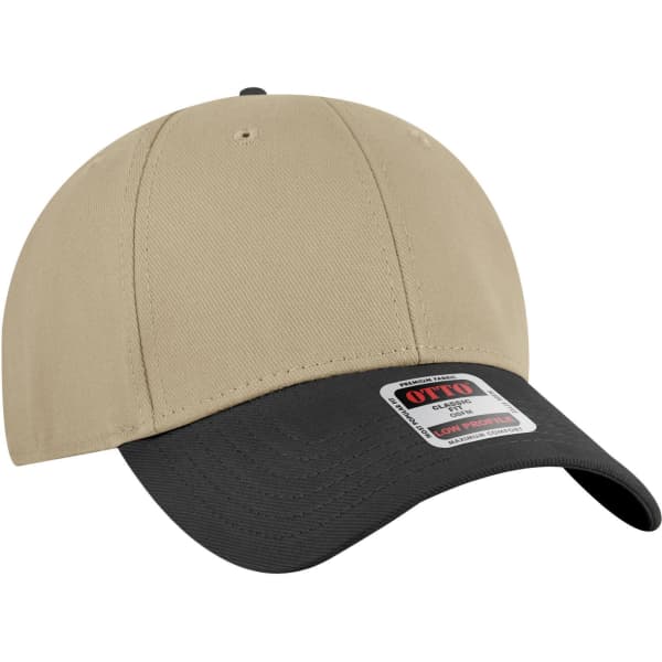 A low-profile baseball cap with a beige crown and a black peak, featuring a logo on the front.
