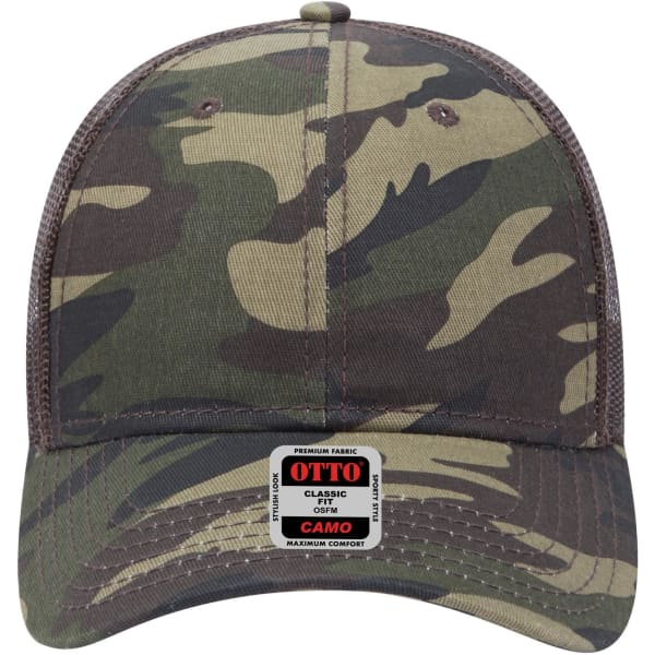 A camo-patterned 6-panel low profile trucker cap with a mesh back and an adjustable strap.