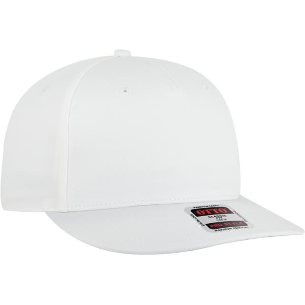 A white 5 panel pro style snapback hat with a flat brim and a logo on the side.