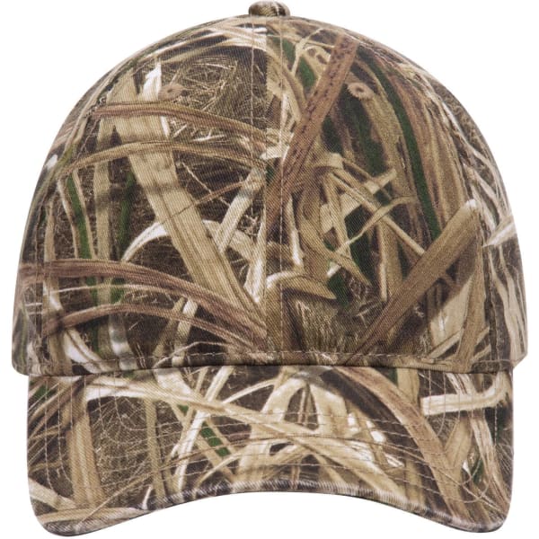A camouflage baseball cap in earthy tones, featuring a low profile design and a logo on the front.