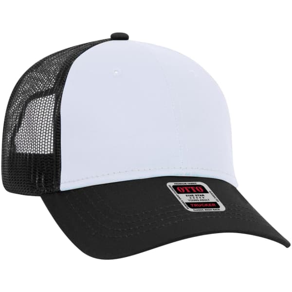 A black and white 6-panel low profile trucker cap with mesh back and a logo on the front.