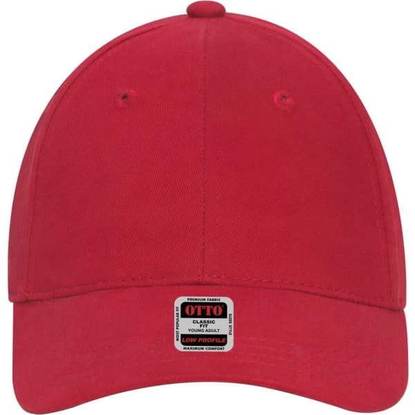 A red 6-panel low profile baseball cap with a logo on the front and an adjustable strap at the back.