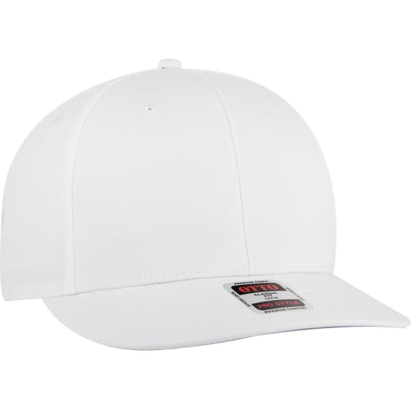 A white 6 panel pro style snapback hat with a structured design and a logo on the front.