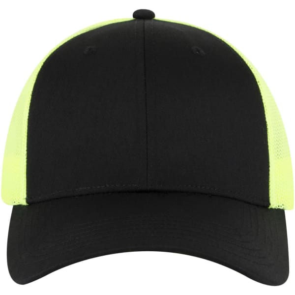 A 6-panel low-profile trucker cap in black with bright yellow mesh panels and a visible logo.