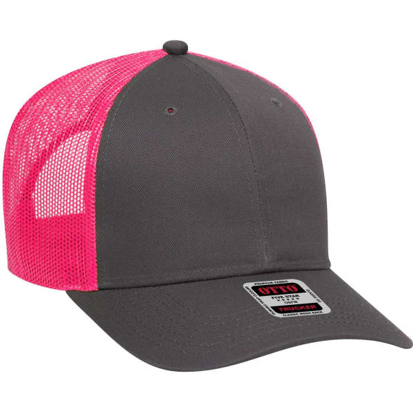 A grey low profile trucker cap with a bright pink mesh back and a logo on the front.