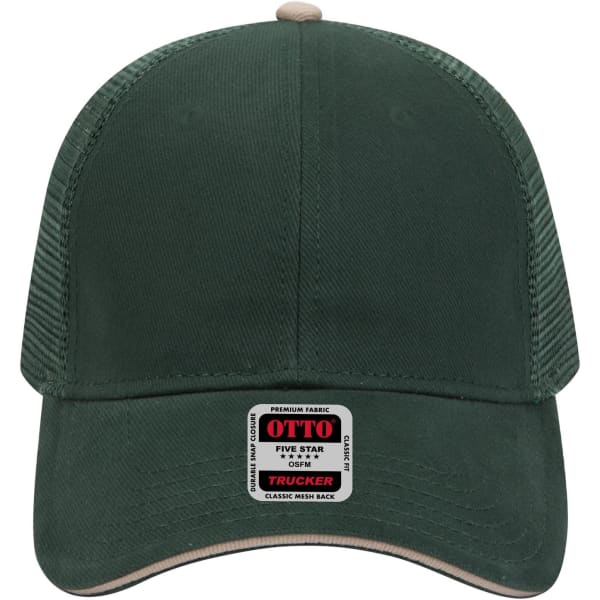 A green 6 panel low profile trucker cap with a beige brim and a label on the front.