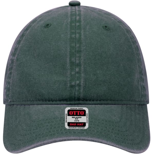 A green 6-panel low profile dad cap with a logo on the front and a relaxed fit design.