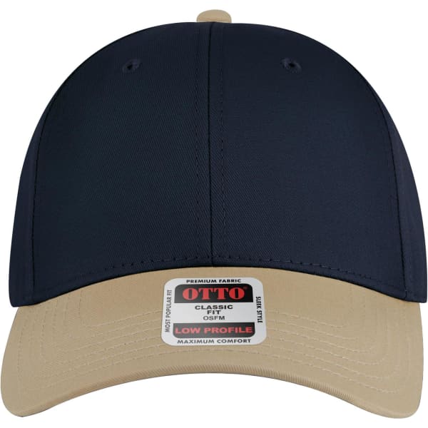 A navy and beige 6 panel low profile baseball cap featuring a logo on the front.