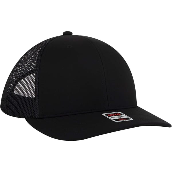 A black mid-profile trucker cap featuring a mesh back and a small logo on the side.