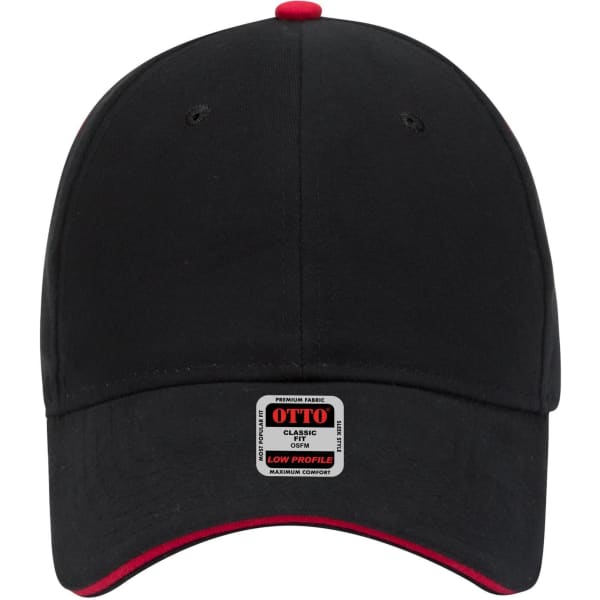 A black 6 panel low profile baseball cap with a red underside and a logo tag on the front.