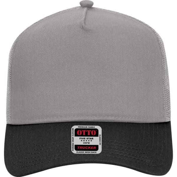 A grey and black 5 Panel Mid Profile Trucker Cap featuring a mesh back and a logo on the front.