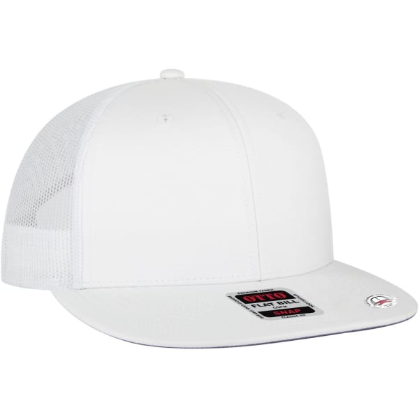 A white 6 panel mid profile trucker cap with a mesh back and a logo on the side.