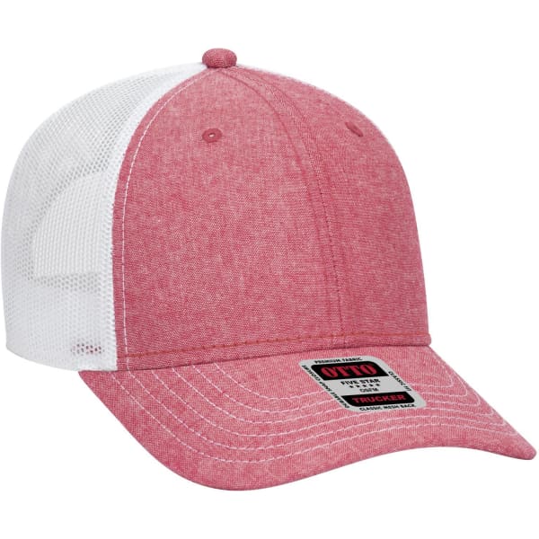 A pink and white 6 panel low profile trucker cap with mesh sides and a branded label on the front.