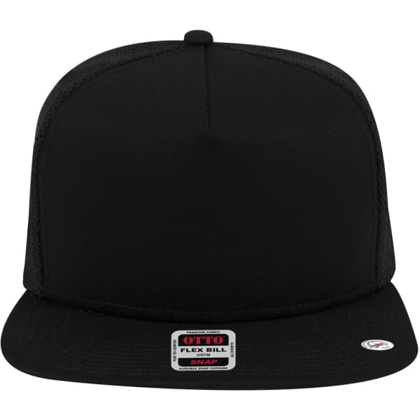 A black 5 Panel Mid Profile Trucker Cap featuring a curved bill and a logo on the front.