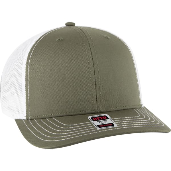 A mid-profile trucker cap in olive green with a white mesh back and a branded label on the front.