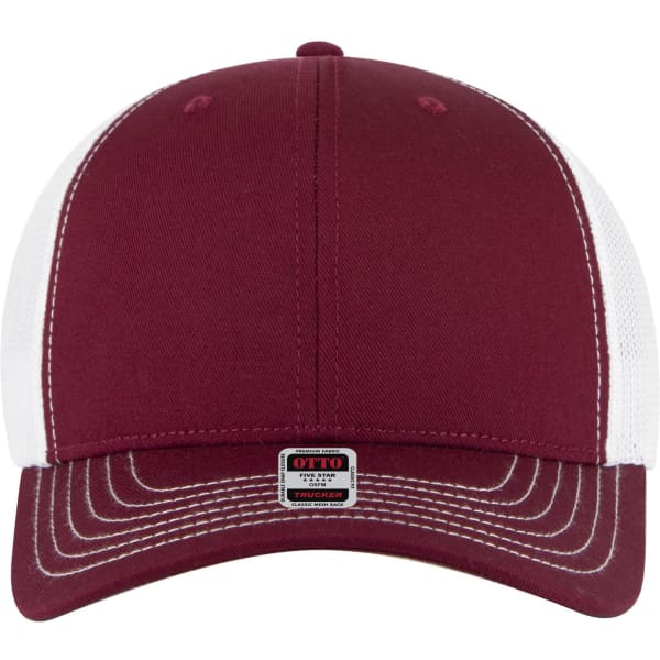 A maroon trucker cap with a white mesh back and a stitched visor, featuring a logo on the front.