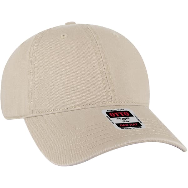 A beige 6-panel low-profile Dad cap with a curved brim and a logo tag on the front.
