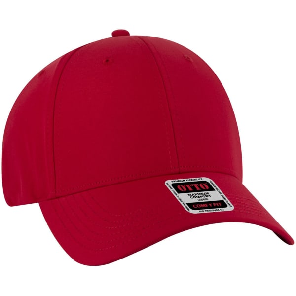 A red low profile baseball cap with six panels and a logo on the front.