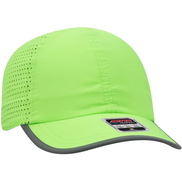 A reflective six panel running cap in bright green with a grey visor and a logo on the front.