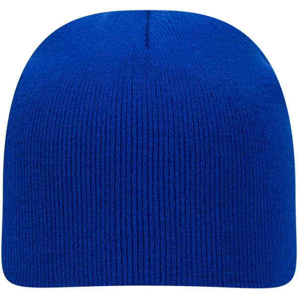 A blue classic knit beanie with a ribbed texture and rounded top, featuring a logo.