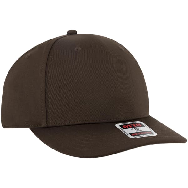 A brown seamless 6-panel mid-profile baseball cap with a curved brim and a logo on the front.