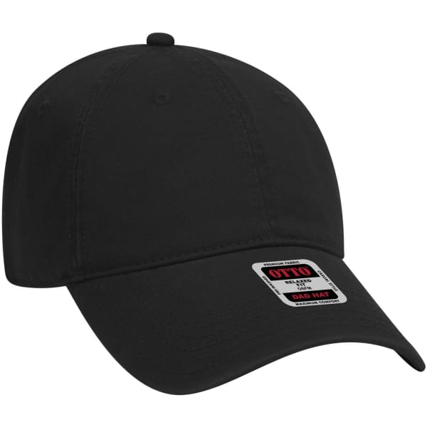 A black 6 panel low profile dad cap with an adjustable strap and a logo tag on the side.
