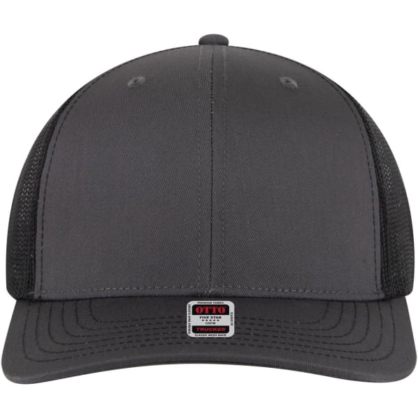 A grey 6 panel mid profile trucker cap with mesh side panels and a branding logo on the front.