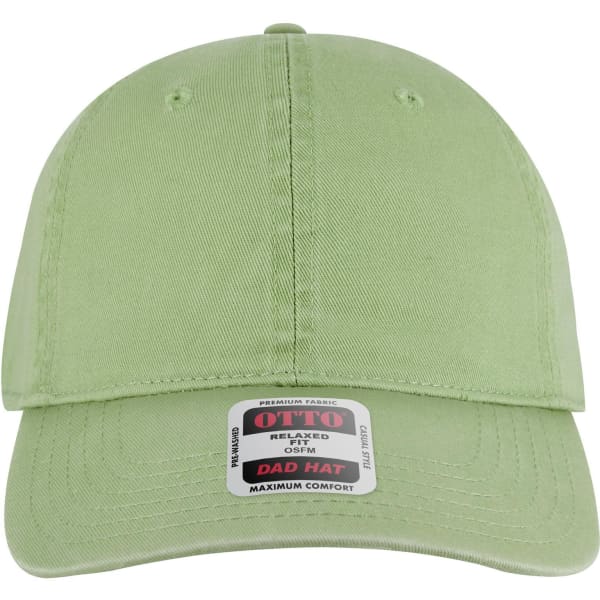 A light green 6 panel low profile dad cap with a logo on the front and a labelled tag visible.