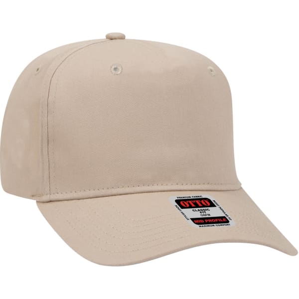 A beige 5 panel mid profile baseball cap with a logo on the front and a curved brim.