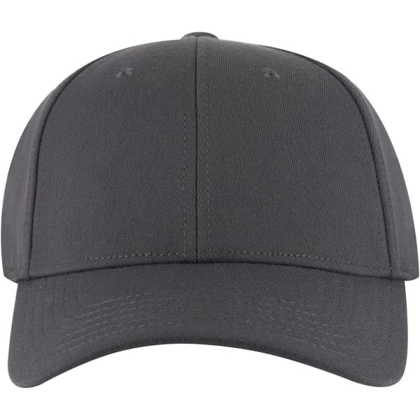 A grey six-panel low profile baseball cap featuring a structured design and a logo on the front.