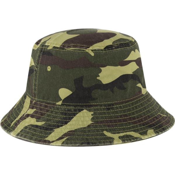A camouflage bucket hat with a wide brim and a stitched design. It features various shades of green and brown.