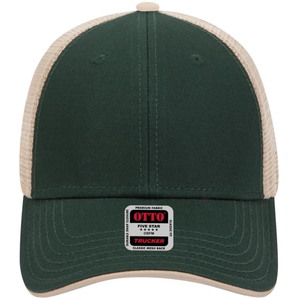 A green low profile trucker cap with a beige mesh back and a logo tag on the front.