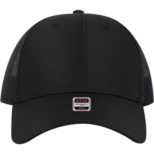 A low profile black trucker cap with a mesh back and a small logo on the front.