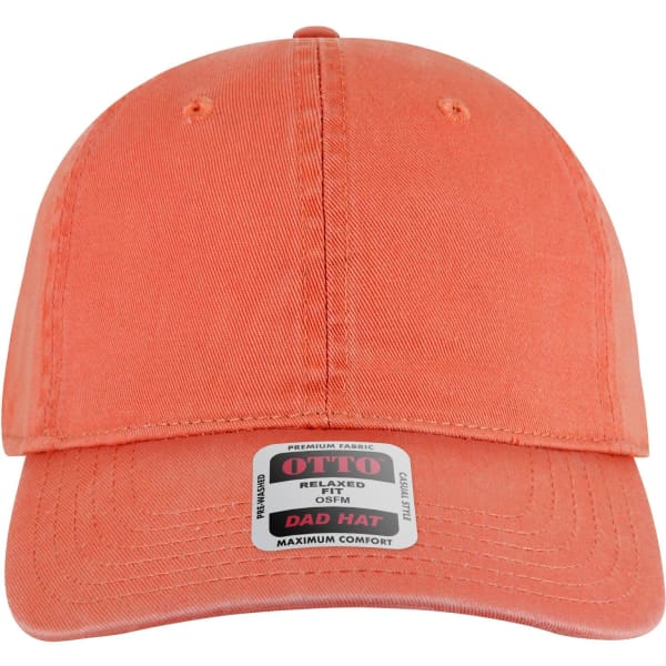An orange six-panel low-profile dad cap featuring a logo on the front.