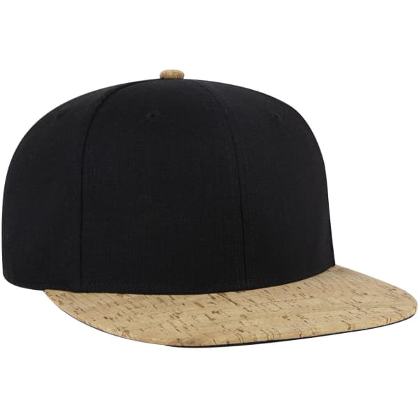 A mid-profile snapback cap featuring a black crown and a cork-coloured brim. It has a logo on the front.