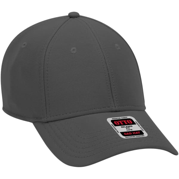 A grey 6 panel low profile baseball cap with a curved brim and a logo on the front.