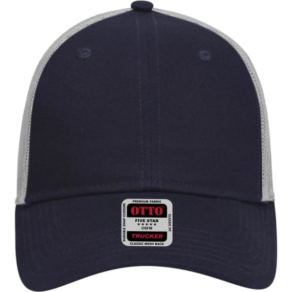 A navy blue 6 panel low profile trucker cap with a grey mesh back and a logo label on the front.