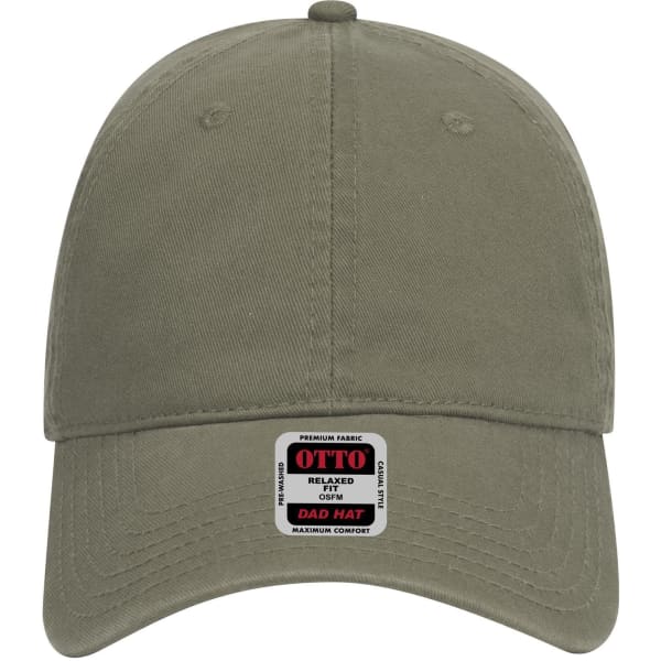 A green 6 Panel Low Profile Dad Cap with a logo tag on the front. Ideal for casual headwear.