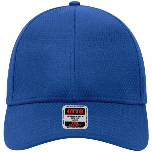 A blue six-panel low profile baseball cap with a logo on the front.