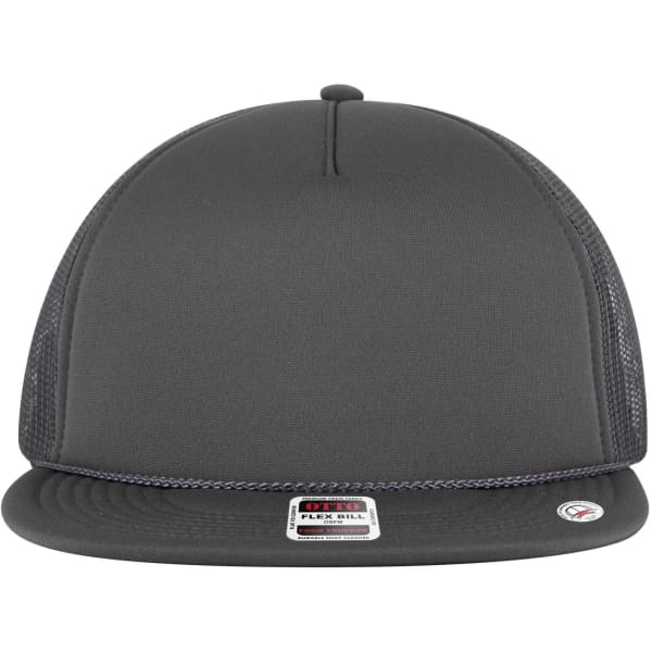 A grey 5 panel style trucker cap with a flat brim and mesh sides, featuring a logo on the side.