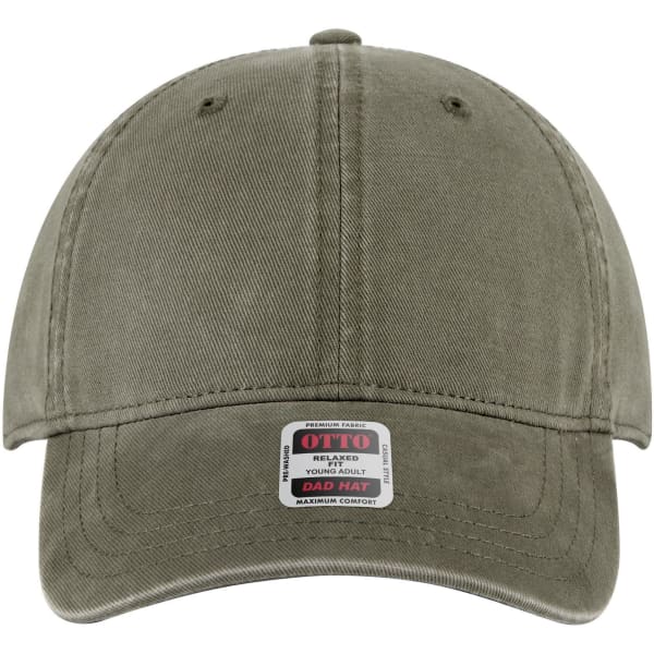 A green 6-panel low profile dad cap with a curved brim and a logo on the front.