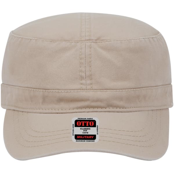 A military-style hat in beige, featuring a front band and a logo label.
