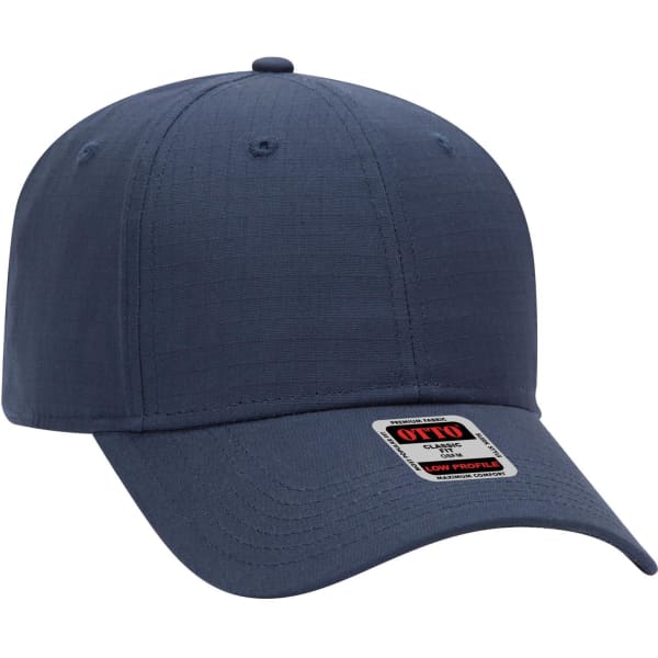 A navy blue 6 panel low profile baseball cap with a logo on the front.