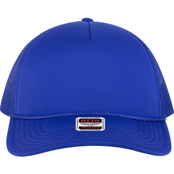 A blue 5 panel low profile trucker cap featuring mesh sides and a branded label on the front.