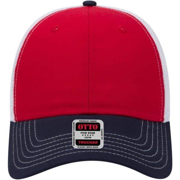 A red and navy 6-panel low profile trucker cap with a curved brim and a logo on the front.