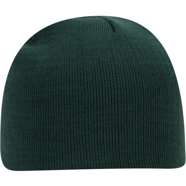 A dark green classic knit beanie with ribbed texture and a rounded top. It features a logo on the side.