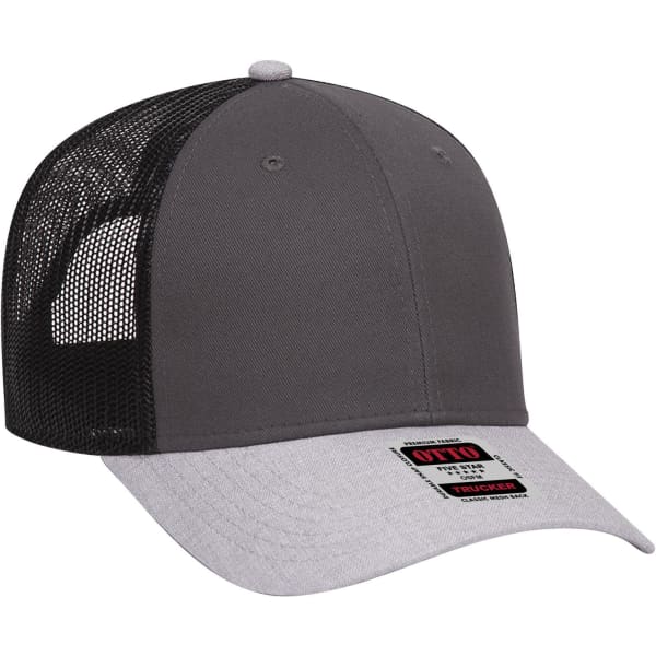 A grey and black 6 panel low profile trucker cap with a mesh back and a branded tag on the front.