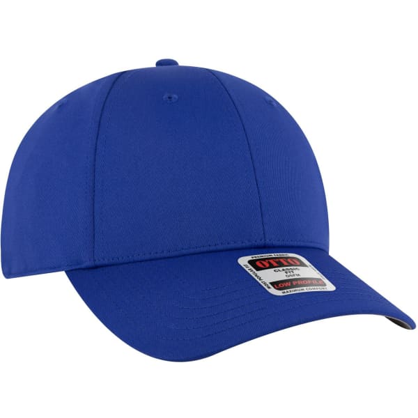 A blue 6 panel low profile baseball cap with a curved brim and a logo on the front.